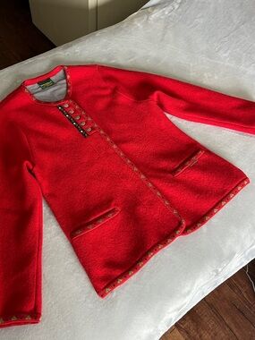 Vintage red boiled wool fair isle Icelandic ski apres nordic trachten coat 42